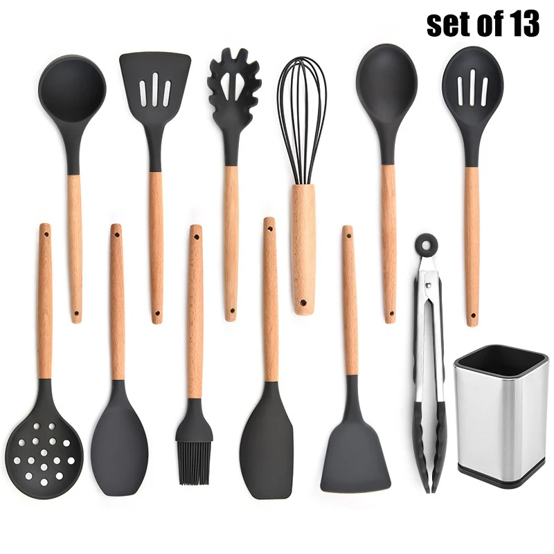 set of 13 Силиконовые кухонные принадлежности набор антипригарная кухонная лопатка Ложка деревянная ручка инструмент для приготовления пищи шпатель гаджеты для кухни посуда набор BJ - Цвет: set of 13