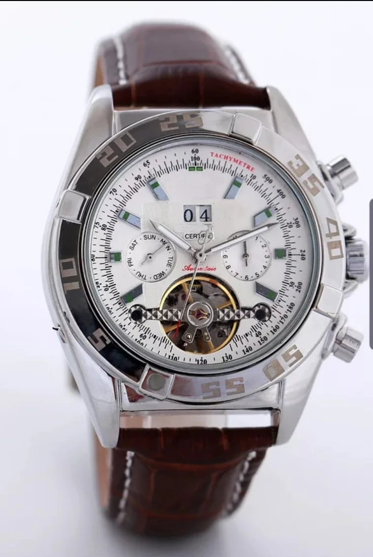 

Brand New Men Automatic Mechanical Brown Leather Tourbillion Daydate White Dial Stainless Steel Sport Watches Calendar Certife