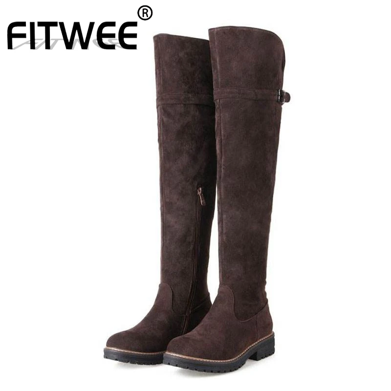 FITWEE/высокие сапоги до бедра; Новинка года; зимняя обувь на плоской подошве с металлической пряжкой; женские высокие сапоги; Теплая обувь на меху; размеры 34-43