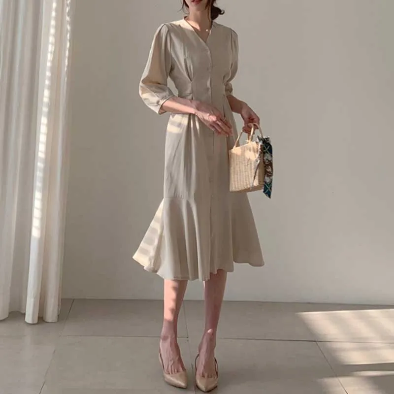 One-Piece For Female Sundress 2020 Summer V-Neck Single Breasted High Waist Slim Ruffled Fishtail Dress Korean Elegant Dresses
