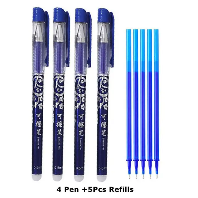 Erasable Pen Set 0.5mm Needle Bullet Tip Gel Ink Pens Refills Rods write erase Washable Handle for School Office Supplies 4 pen 5 refills A
