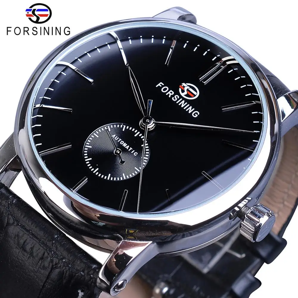 Ocasional dos Homens de Couro Relógio de Pulso Forsining Minimalista Dial Automatic Relógio Mecânico Preto Magro Genuíno Masculino Saati