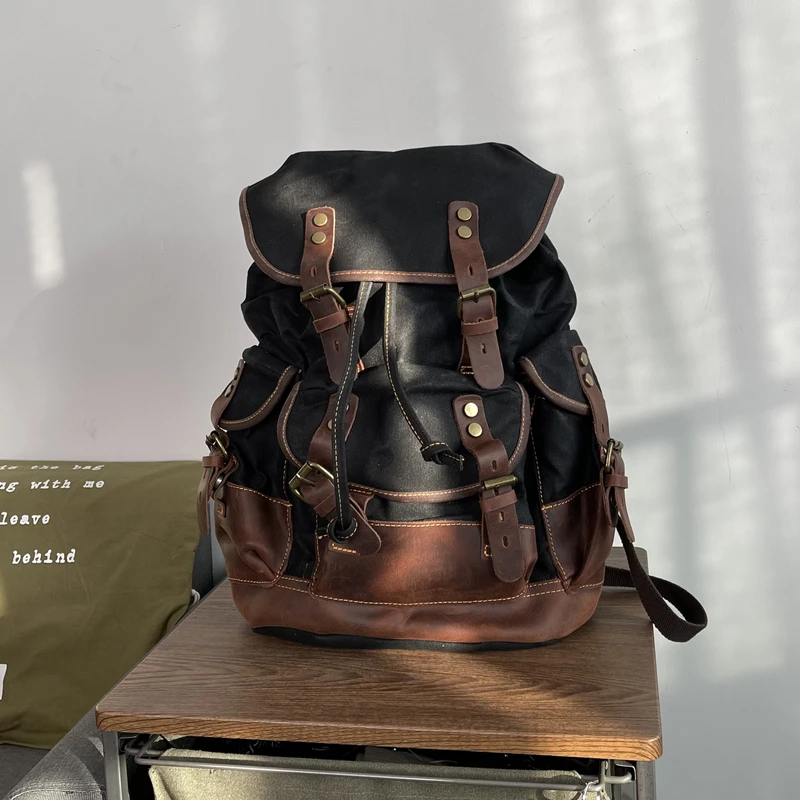 Men's Canvas Leather Rucksack School Laptop College Book Daypack Backpack Bag 