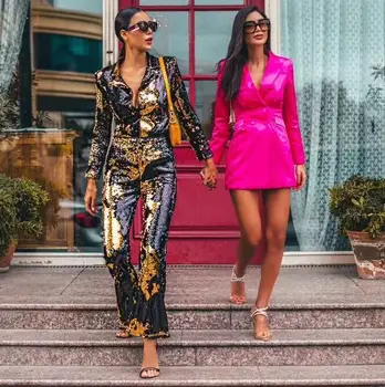 

Spring Style Women Turn Down Collar Long Sleeve Sequins Two Piece Simly Tara 2020 Fashion Elegant Ladie Club Bodycon Vestidoss