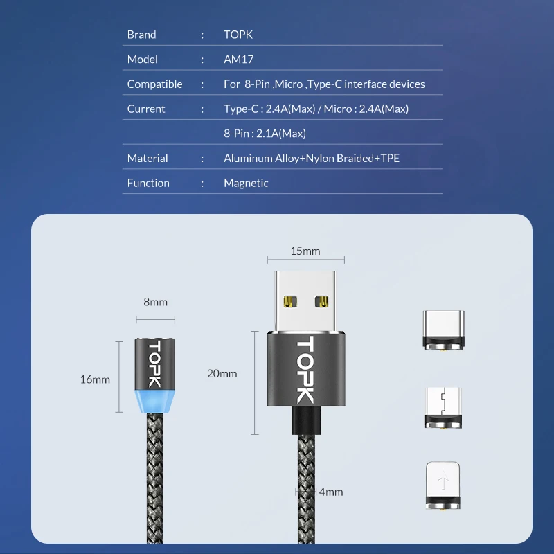 Магнитный кабель TOPK, 1 м, usb type-C, магнитное зарядное устройство, Micro USB кабель для samsung, Xiaomi, huawei, кабель для мобильного телефона, USB C