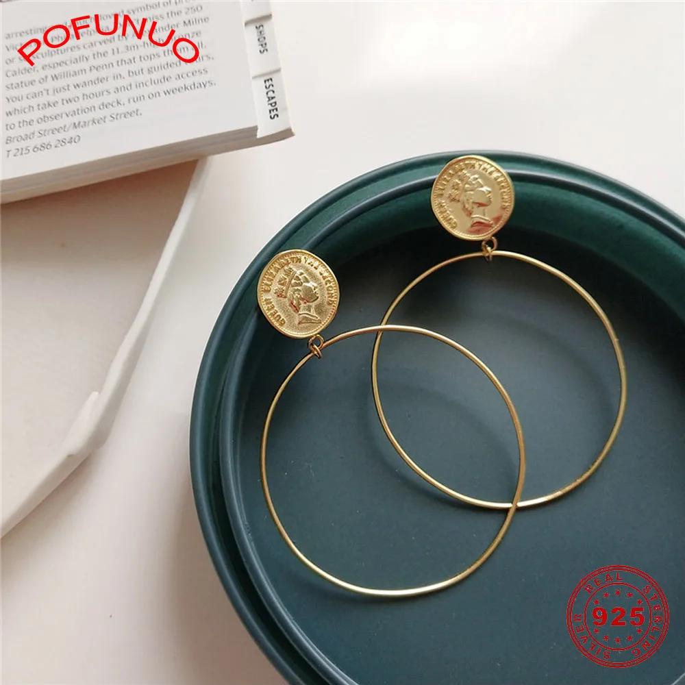 POFUNUO, 925 пробы, серебряные, Европейский стиль, гипербола, серьги для женщин, роскошные, модные, королева, монета, большой круг, шикарные серьги-гвоздики