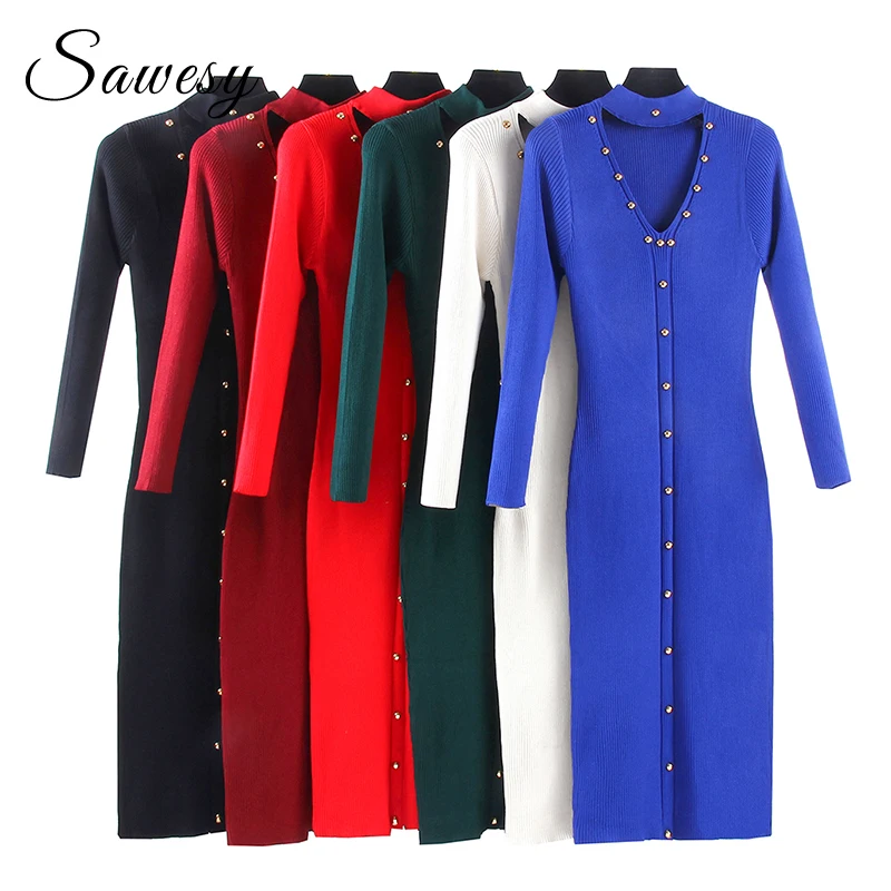 

Knitted Womens Dresses New Arrival 2019 Autumn Winter Long Sleeve Pencil Dress Ladies Single-Breasted Bodycon Midi Dresses