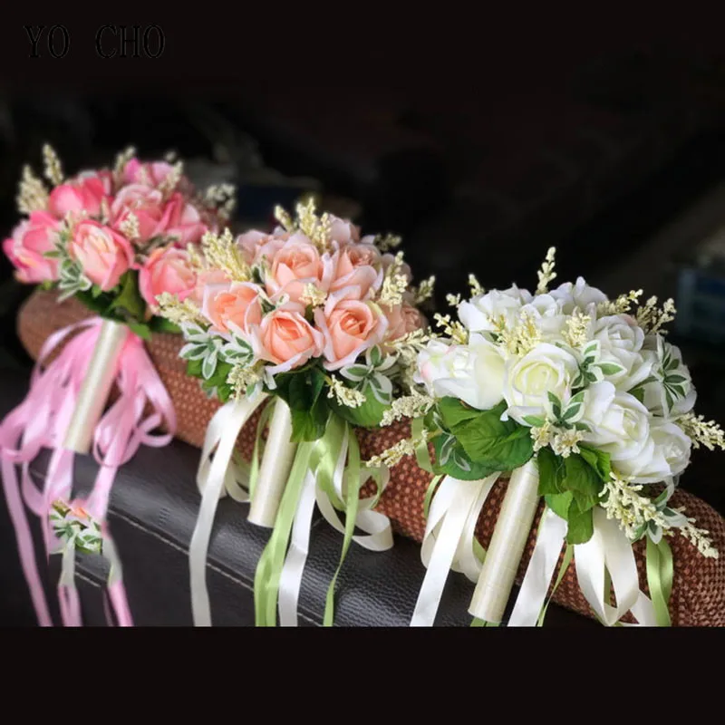 YO CHO Silk Roses White Wedding Bouquet for Bridesmaids Wedding Artificial Flower Bridal Bouquets Bride Bouquet Flowers Marriage