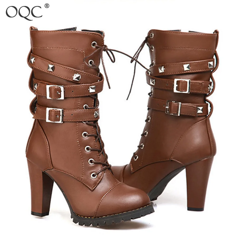

OQC Women Zipper Mid-calf Boots Autumn Winter Fashion Side Zipper Rivet Belt Platform Chunky Heel Wild Style Boot For Ladies D25