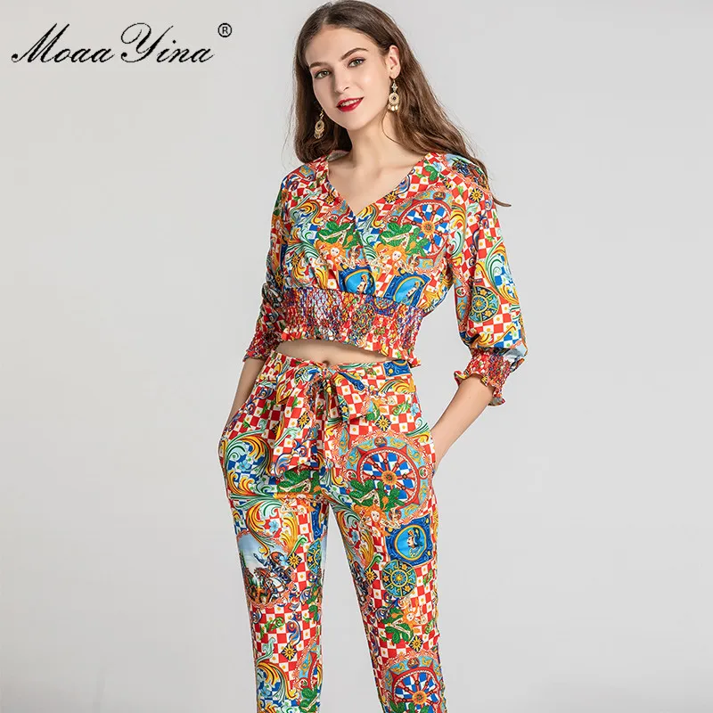 Модный дизайнерский комплект moaayina, весенне-летний женский винтажный топ с v-образным вырезом и принтом в стиле барокко+ брюки-карандаш, костюм из двух предметов