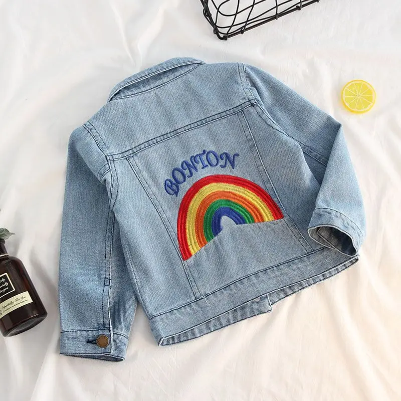 

Foreign Trade Childrenswear INS Hot Selling Men And Women Baby Rainbow Embroidered Cotton Cowboy Sand Wash Coat Manufacturers Di