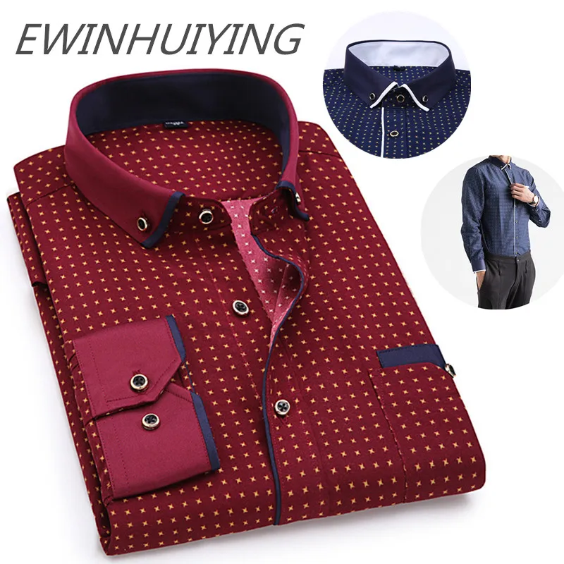 Daily Wear Men's Business Casual Shirts Simple Fashion Polka Dot Printing Tops Lapel Long Sleeves Slim Office Bottoming Shirts