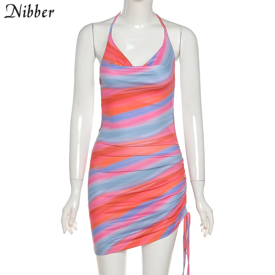 Nibber Sleeveless Multicolor Printing Cut Out Mini Wrap Dresses for Women's 2021 Summer Hot Deals Beach Bodycon Elegant Dresses