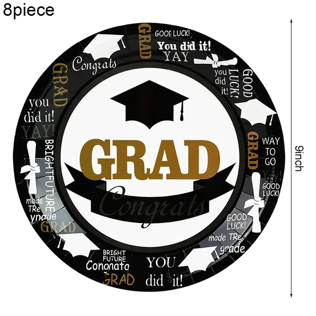 Congratulations Graduation 2021 Disposable Tableware Black Doctor Hat Print Paper Plate Cups Napkins graduation party decoration C02-8pcs 9inch plate