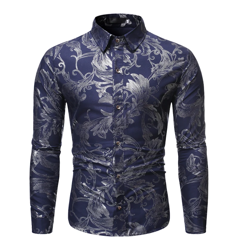 Модная бронзовая рубашка с цветочным принтом, мужская рубашка Chemise Homme, новинка, брендовая приталенная Мужская рубашка с длинным рукавом, деловые вечерние мужские рубашки