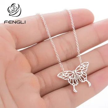 

FENGLI Stainless Steel Necklaces for Women Butterfly Gold Color Pendant Necklace Flowers Animal Delicate Present