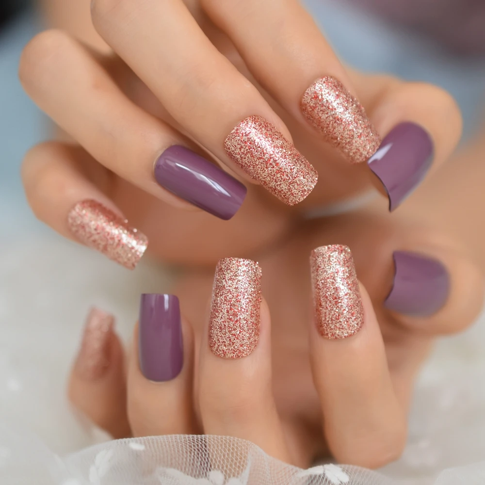 Taro Purple Square Fake Nails Mix Red Champagne Glitter Medium Press On Nails Uv Shiny Nail Art Tips Including Glue Tabs False Nails Aliexpress