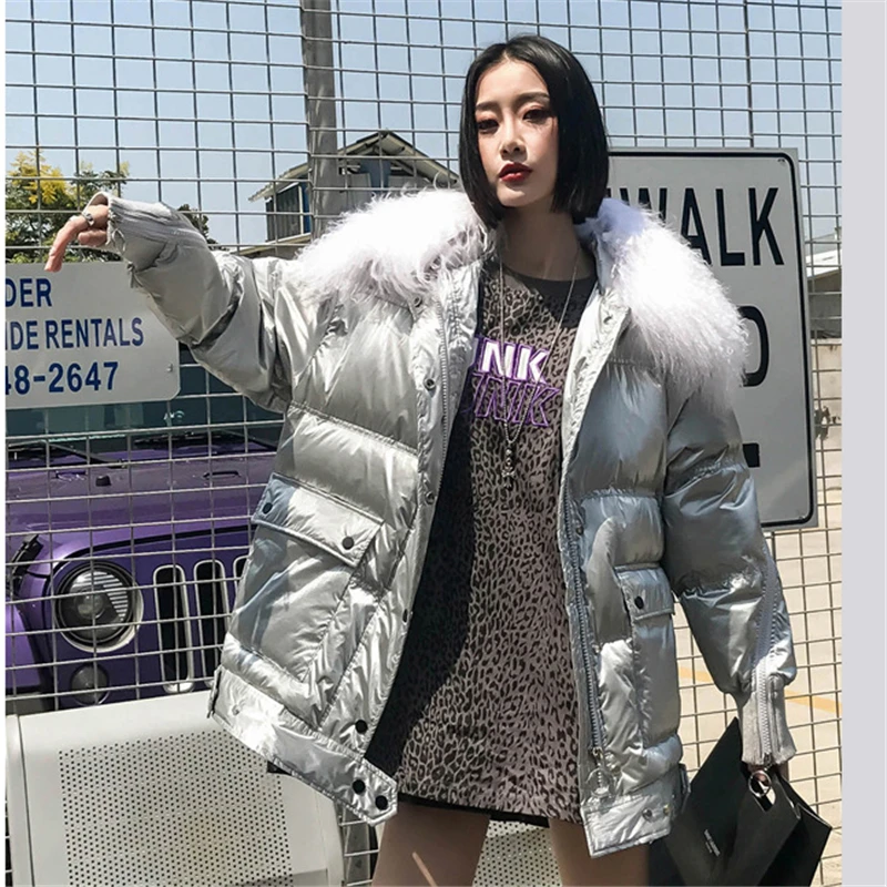 

2019 New Winter beach wool Down jacket Women Fashion street bright face Jacket Retro Loose white duck down Coat Female W152