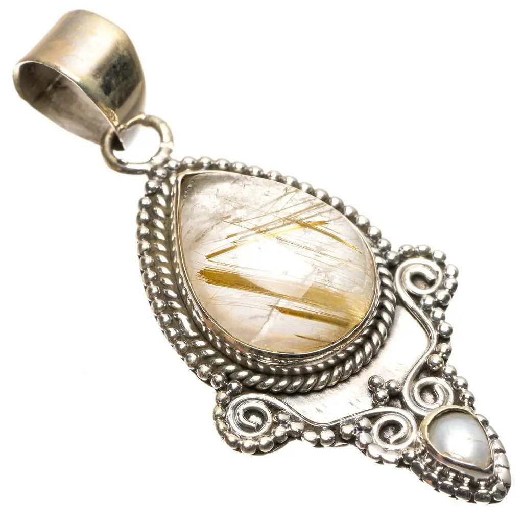 Natural Golden Rutilated Quartz and River Pearl Boho Style 925 Sterling Silver Pendant 2" S0405