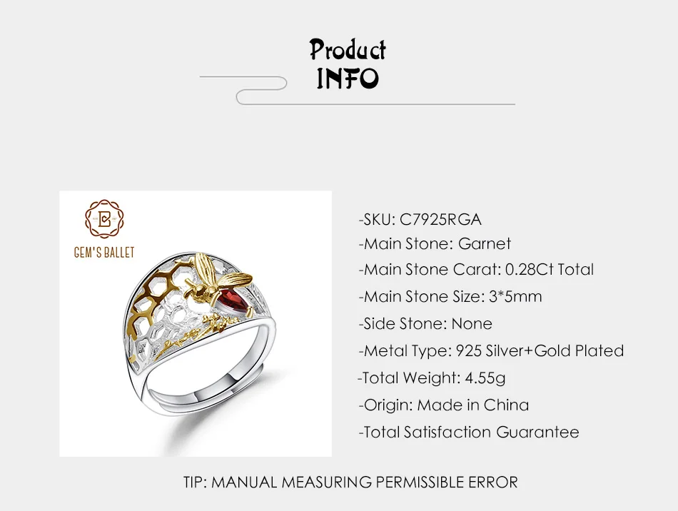 GEM'S BALLET Secret Garden пчелиный мед коллекция кольцо 925 пробы серебро 0.28Ct натуральный гранатовый камень кольцо для женщин ювелирные изделия