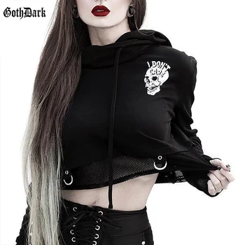 

Goth Dark Vintage Print Gothic Hoodies Harajuku Punk Grunge Fall 2020 Aesthetic Female Sweatshirts Mesh Patchwork Cropped