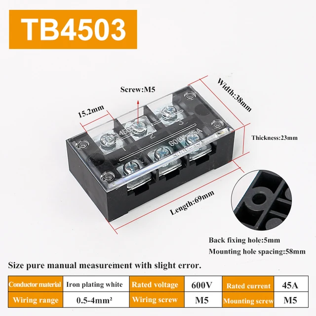 1pcs 45A 600V TB4503 TB4504 TB4505 TB4506 TB4510 TB4512 Dual Row Barrier Screw Terminal Block Strip Wire Connector Wiring tool TB4503
