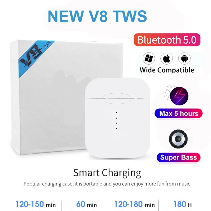 2020 Original V8 TWS wireless Bluetooth headset 6D sound quality for Android Samsung iphone Xiaomi PK i11 i12 i14 i18 i7S i9 i30