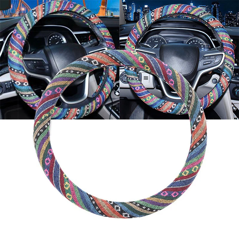 

Car Steering Wheel Cover Flax National Style Ethnic Breathable Anti Slip Accessories 38*3.4cm Durable