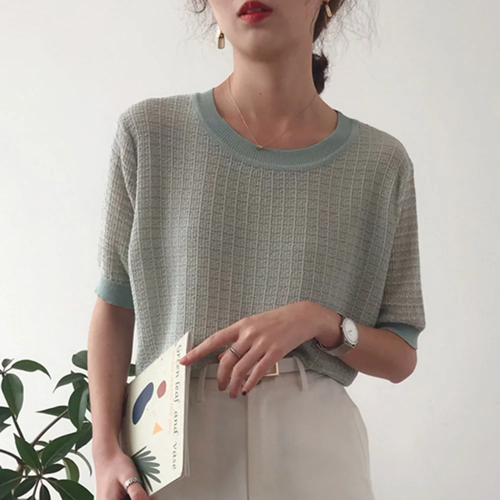 

2020 Summer Woven Contrast Color Knit Sweater Ladies Lock Edge Loose Comfortable Pullover T-shirt Female Short-sleeved Tops