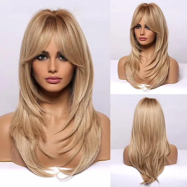 ESIN Synthetic Wig Long Brown Wigs for Women Ombre Layered Hair with Dark Roots yslc259-3