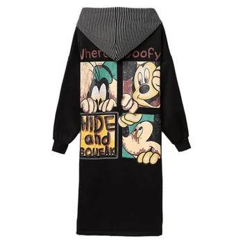 

5XL Hooded Jacket Female Coat Autumn Mickey Print Zipper Plus Size Long Coat Oversized Black Cartoon Retro Windbreaker