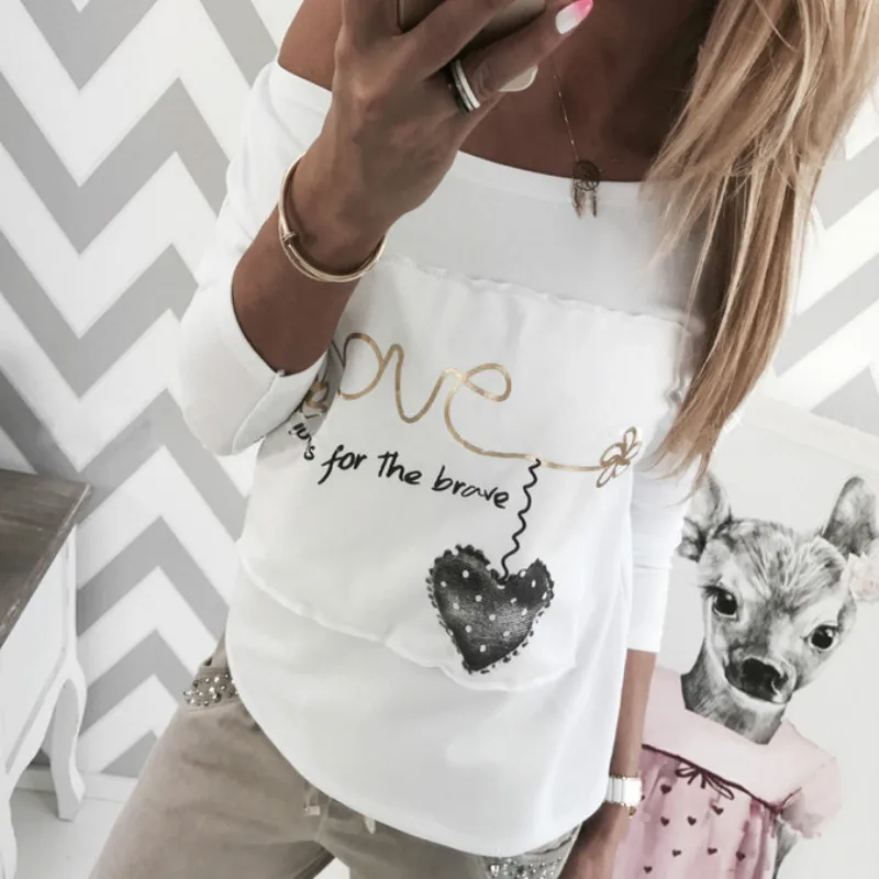 GV377 White Модные женские весенние футболки с буквенным принтом Love, Лоскутная футболка с круглым вырезом и длинным рукавом, повседневные белые топы размера плюс - Цвет: GV377 White