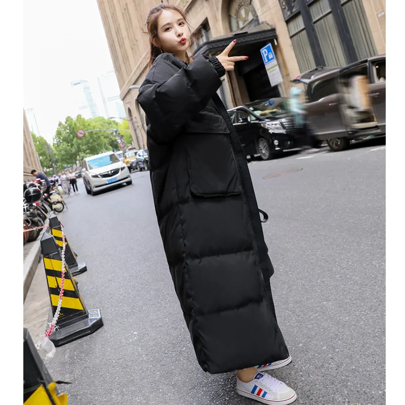 YNZZU корейский стиль Длинная черная зимняя куртка для женщин хлеб свободный ветрозащитный утолщение теплый снег белый утиный пух пальто A1277