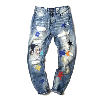 

Hi Street Men's Fashion Ripped Jeans Distressed Pentagram Embroidery Jeans Male Hip Hop Jeans