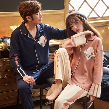 

2020 Autumn Couple Pajamas set Cotton Loose Pyjamas Women Men Long Sleeve Homewear Lovers Nightgowns Pajama Set