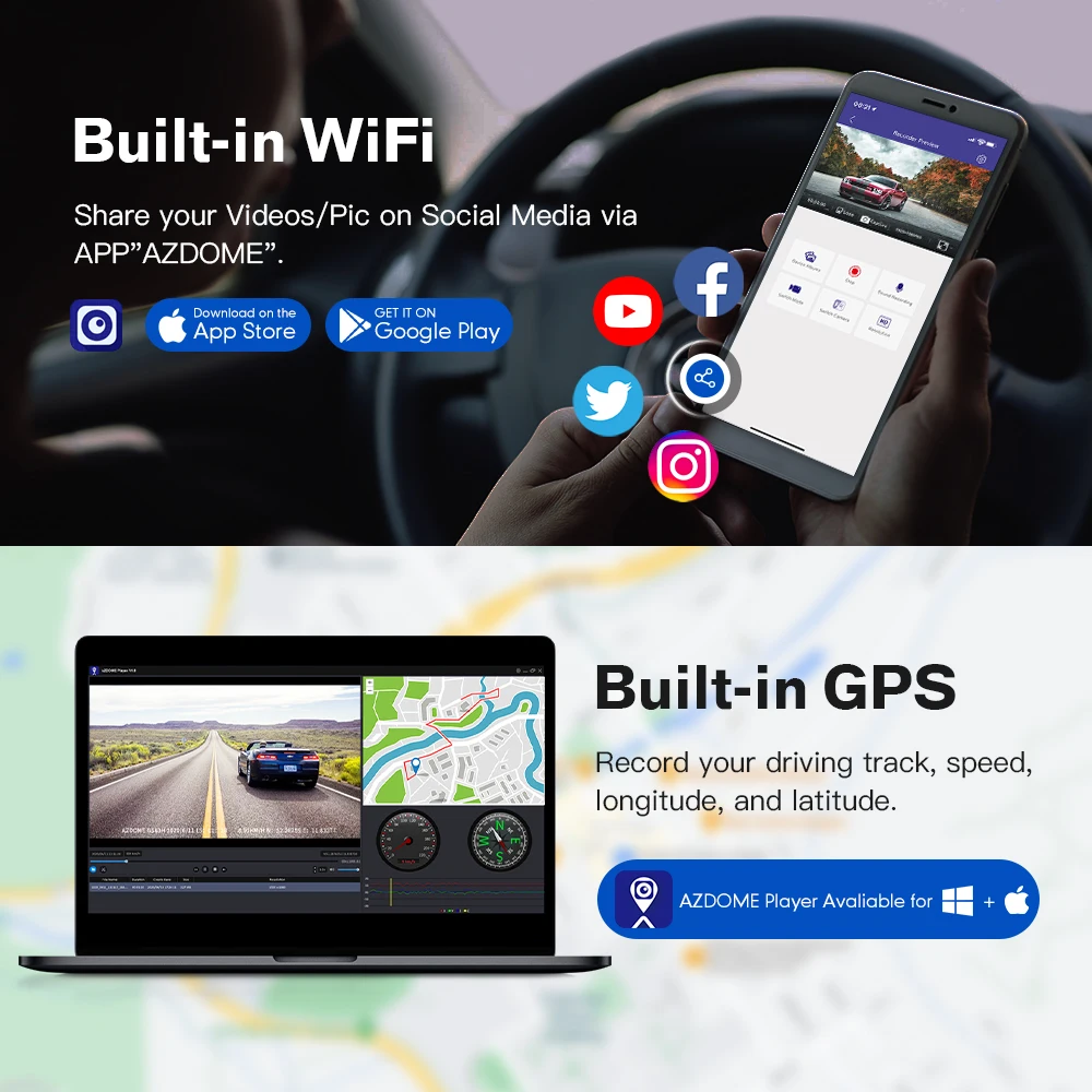 Видеорегистратор AZDOME GS63H с двумя объективами 4K GPS Wi Fi|Видеорегистраторы| |