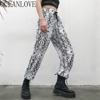 

OCEANLOVE 2020 Spring Summer Serpentine Women Pants Loose Trousers Streetwear Fashion Pantalon Femme Drawstring Bottoms 13712