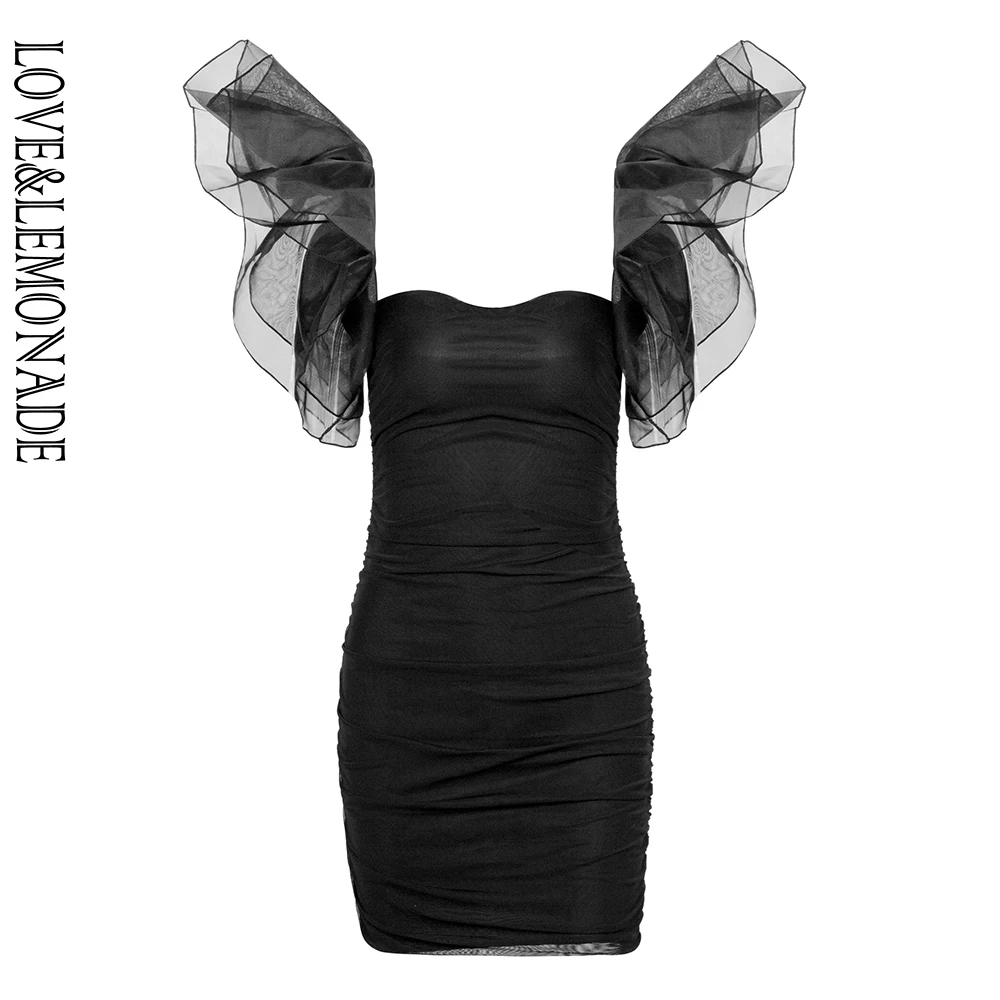 

LOVE & LEMONADE Sexy Black Tube Top Elastic Mesh Exaggerated Ruffled Bodycon Mini Dress LM90156