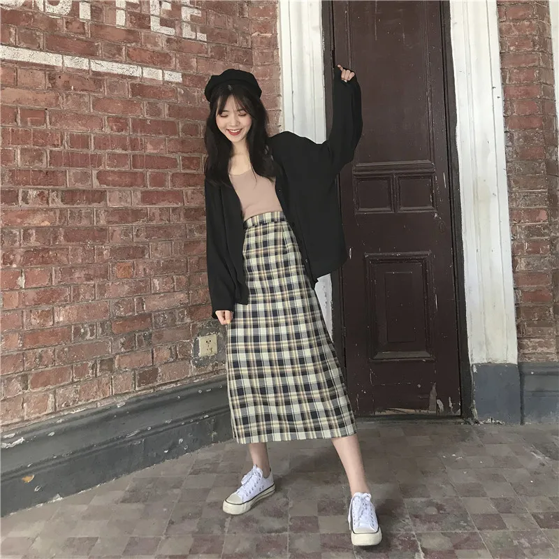 Осень Высокая талия длинная миди клетчатая юбка для женщин Винтаж Harajuku уличная мода разрез сзади трапециевидной формы юбки jupe femme