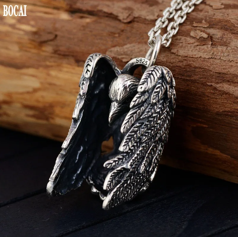 

BOCAI Real 2021 Personality Trend Jewelry Evil Psychic Crow Sterling Silver s925 Men's Pendant Retro Feather Bird Pendant