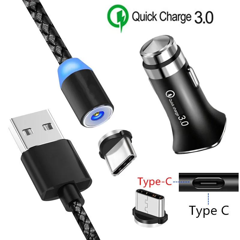Car charger 1M cable Магнитный кабель типа C Oppo Reno Z QC 3,0 USB быстрое автомобильное зарядное устройство для samsung galaxy A50 A70 A20E Xiaomi mi A3 8 lite Red mi Note 7 - Тип штекера: Car charger 1M cable