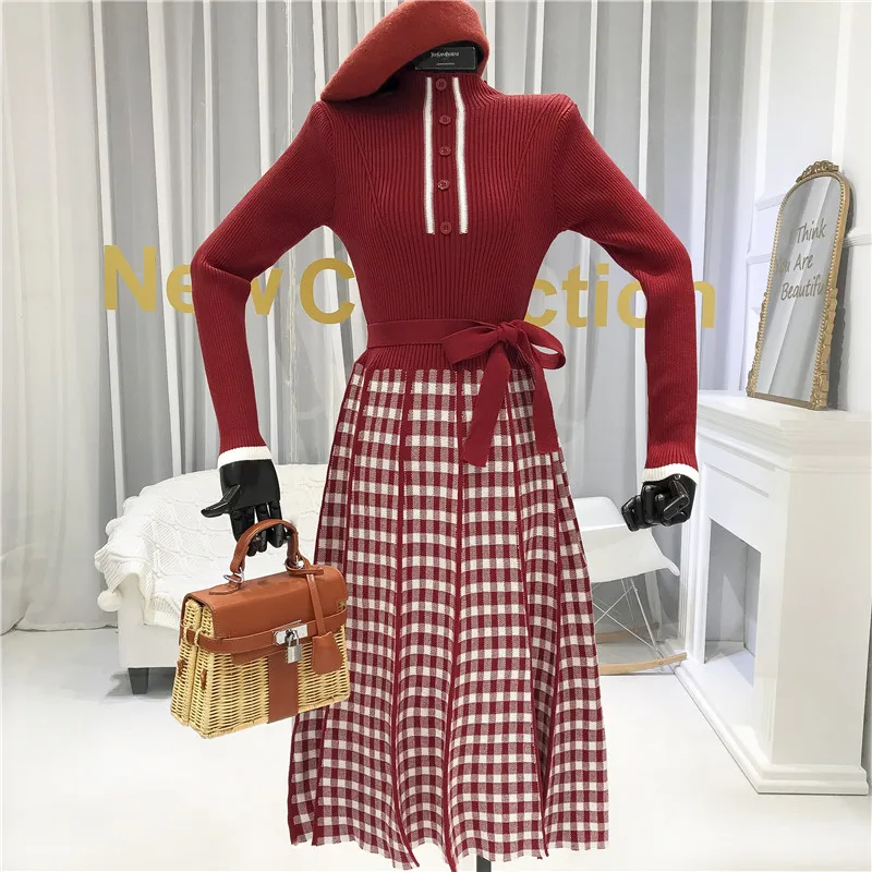 ALPHALMODA зимнее Новое вязаное платье в клетку с высоким воротником и длинными рукавами, однобортное женское винтажное элегантное платье с бантом и поясом