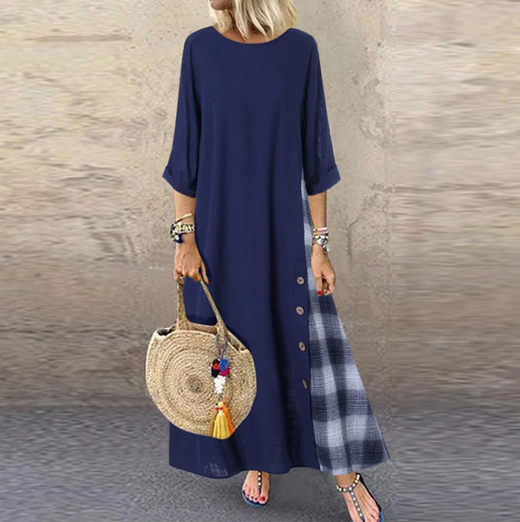 

JAYCOSIN Women Casual Plaid Print Patchwork Three Quarter Sleeves O-Neck Button High Low Hem Plus Size Dress dropshipping 725W