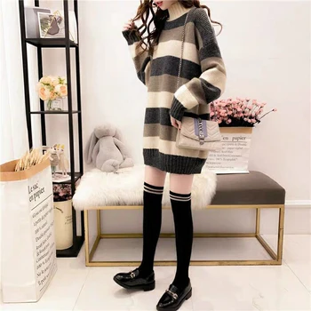 

Knitting sweater autumn and winter new women's sweater casual loose wild striped pullover thickening high collar