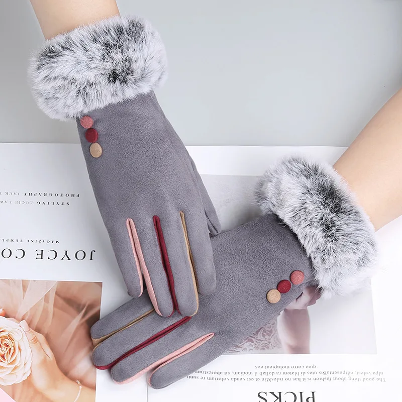 

Winter Student Korean Style Touch Screen Warmth Cute Pure Color Plus Velvet Thick Suede High-end Gloves Women