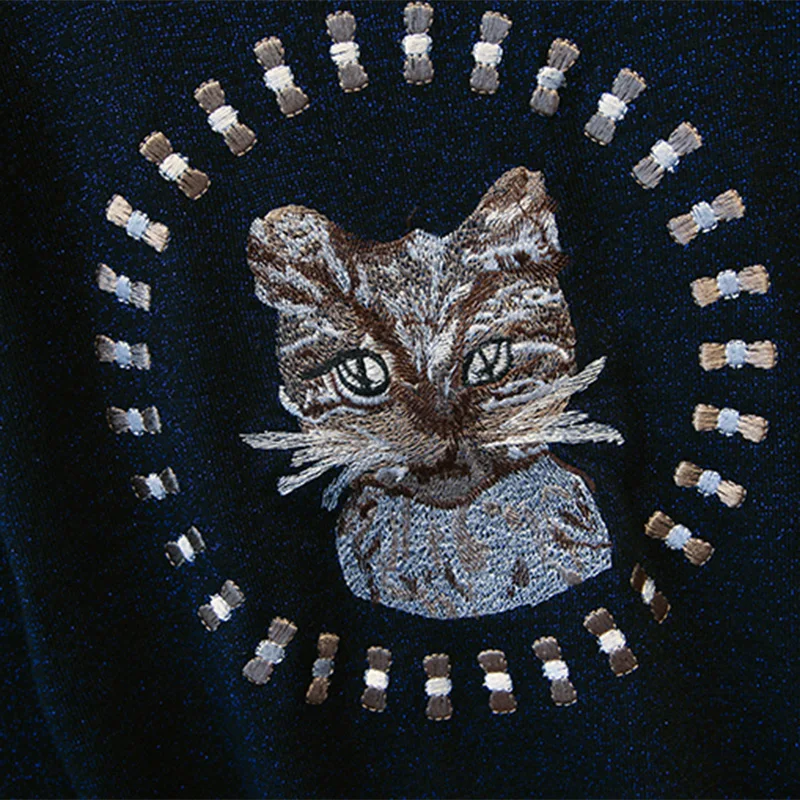 Женский осенне-зимний теплый костюм с принтом кота, Kint Топ+ брюки-карандаш, костюмы, вязанные свитера кэжуал с длинными рукавами, брюки, комплект из 2 предметов с блестками
