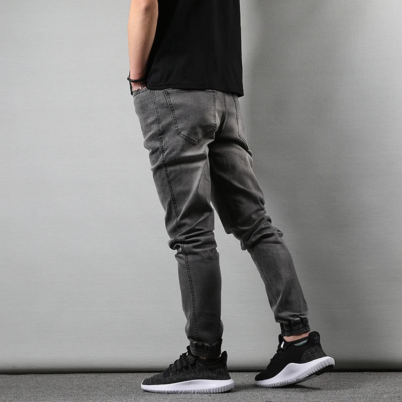 Японский Стиль модные Для мужчин s джинсы Серый цвет Slim Fit зауженные брюки в стиле «хип-хоп» Джинсы джоггеры Для мужчин Винтаж дизайн штаны-карго из денима со штанами