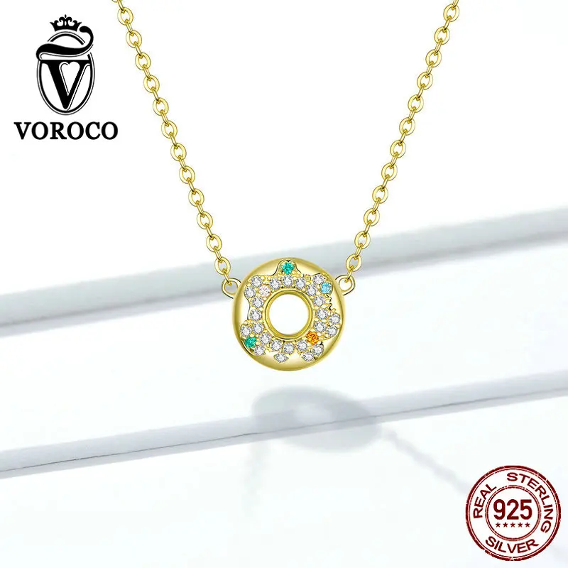 VOROCO 925 пробы комплект серебряных ювелирных изделий 3 шт. Золотой сладкий пончики комплект ювелирных изделий ожерелье и браслет и кольцо для женщин хорошее ювелирное изделие