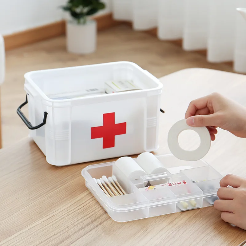 Small First Aid Kit Household Transparent Medicine Box Large Capacity Layered Lattice Medicine Storage Box Trash Home Medical