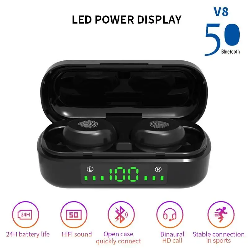 V8 TWS беспроводные наушники Bluetooth 5,0 IPX7 водонепроницаемые Hi-Fi мини стерео-вкладыши внешний светодиодный дисплей спортивные наушники для бега